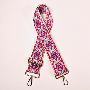 Woven western/Aztec boho thick embroidered pink blue bag guitar strap gold-tone